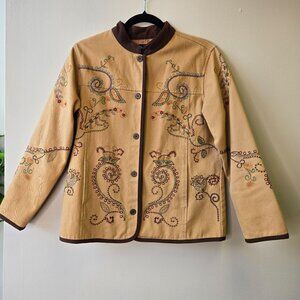 Denim & Co. S Artsy Beige Embroidered Brushed Twill Jacket Boho Country